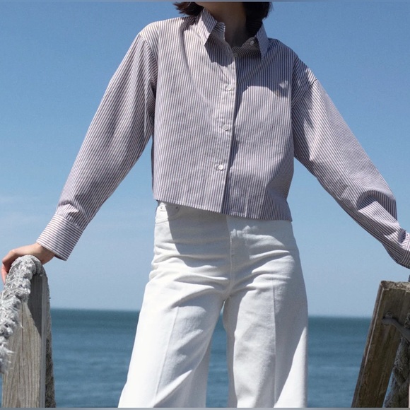 Sold Out Nyc Tops - SOLD OUT NYC OVERSIZED THE CROPPED EVERYTHING SHIRT IN TRUFFLE MICRO STRIPE XS